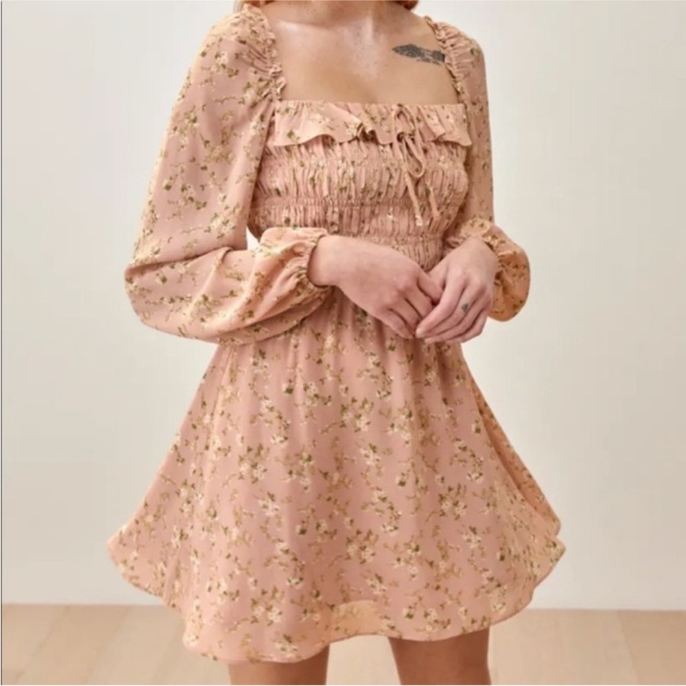 Reformation Morris Smocked Long Puff Slv Mini Dress Pink Floral Print, Sz 14